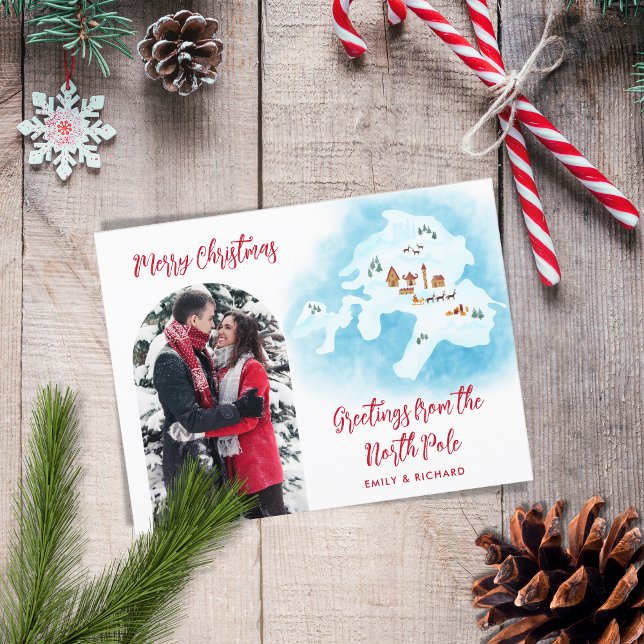 Illustrated Unique North Pole Map Photo Christmas  Holiday Postcard (Creator Uploaded)