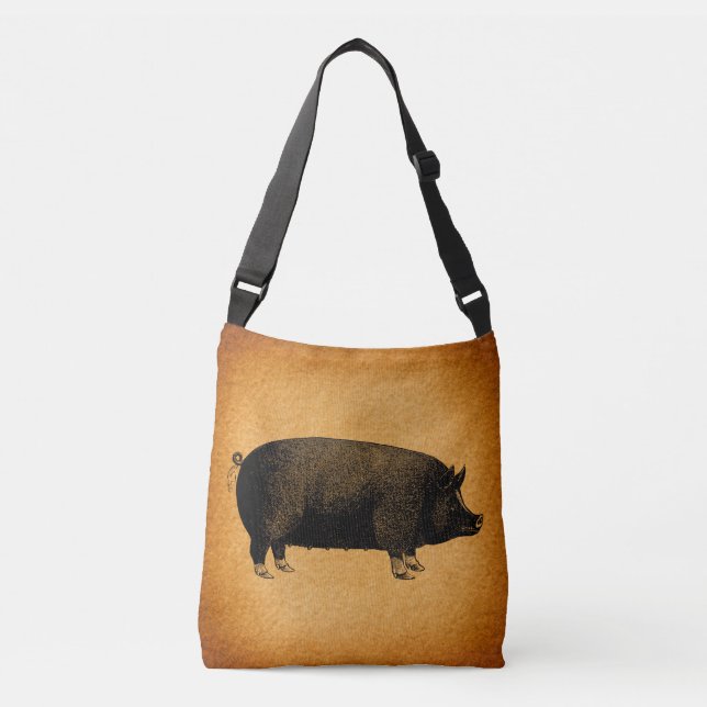 Illustrated Vintage Pig Rustic Art Crossbody Bag (Front)