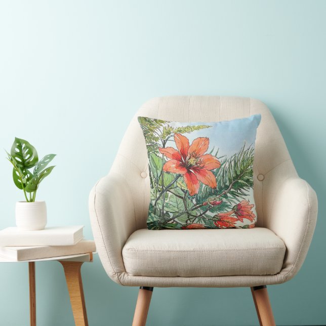 Illustrated Watercolor Botanical Orange Floral Cushion (Chair)