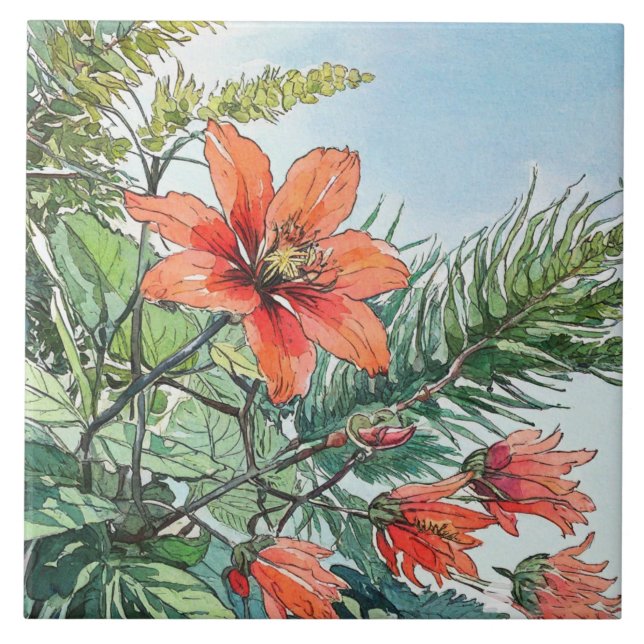 Illustrated Watercolor Botanical Orange Floral Tile (Front)