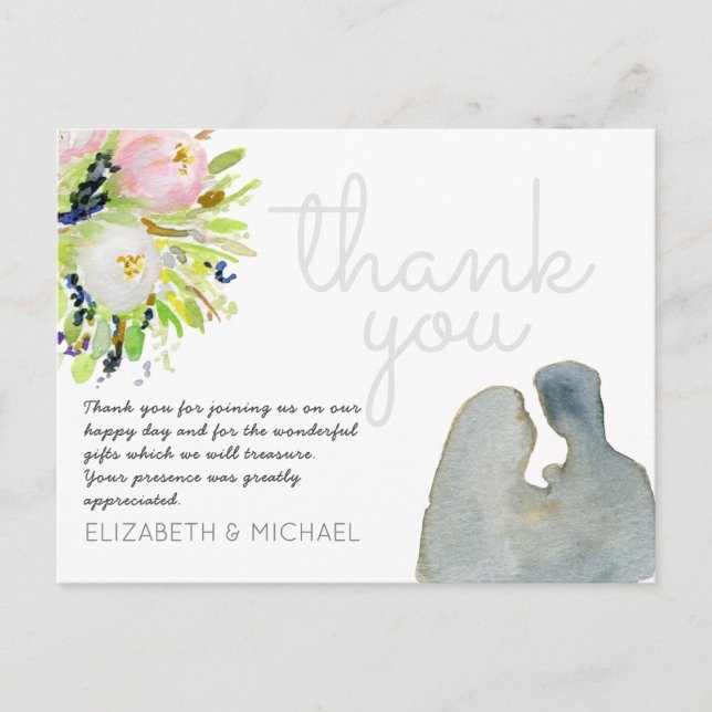 Illustrated Watercolor Floral Thank You Wedding Postcard (Front)