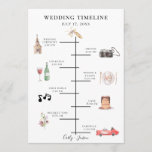 Illustrated Watercolor Wedding Timeline Programme<br><div class="desc">Rustic colourful watercolor wedding day elements,  timeline program. Card features church,  camera,  bottle with glass,  plate setting,  music notes,  cake,  bouquet,  and retro race car. Back of card features watercolor garden greenery branches. Text font style and colour can be customised.</div>