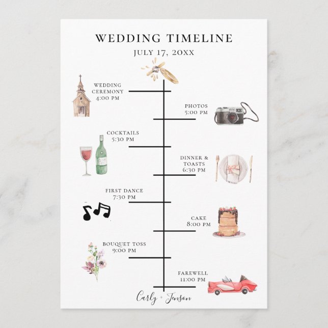 Illustrated Watercolor Wedding Timeline Programme (Front)