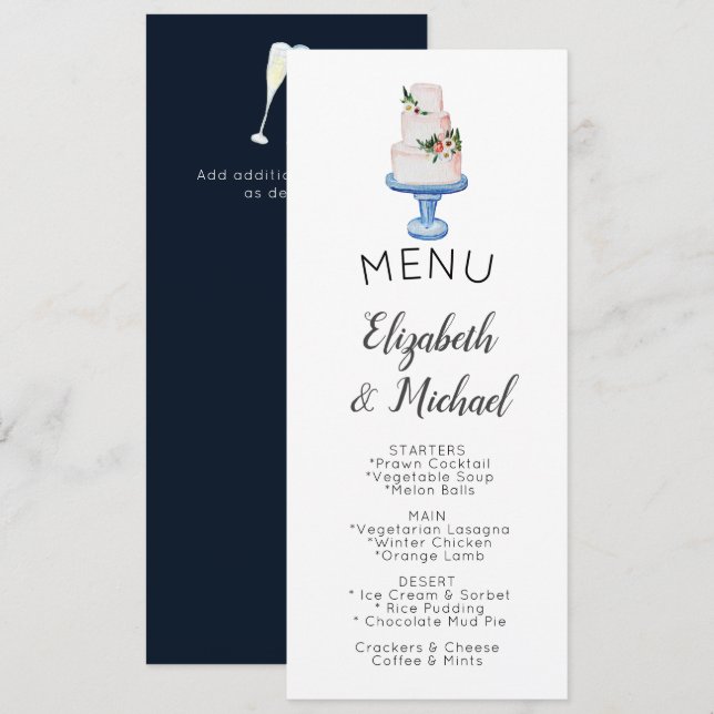 Illustrated Wedding Cake MENU Double sided Invitation (Front/Back)