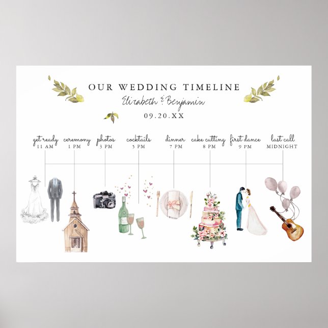Illustrated Wedding Itinerary Timeline Welcome Poster (Front)