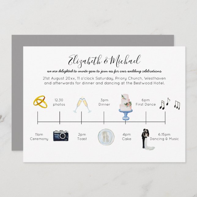 Illustrated Wedding Timeline Invitation Icons Fun (Front/Back)