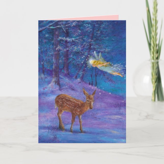 Illustrated Winter Fairy & Deer in Magical Woods Holiday Card (Front)
