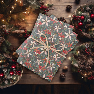 Illustrated Winter Floral Poinsettia Christmas Wrapping Paper Sheet