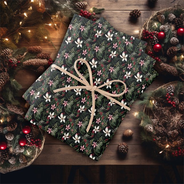 Illustrated Winter Floral Poinsettia Christmas Wrapping Paper Sheet (Creator Uploaded)