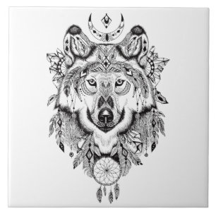 Illustrated Wolf Dream catcher Tile