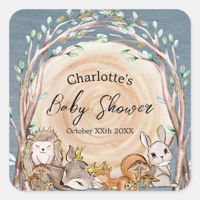 Illustrated Woodland Forest Animals Baby Shower Square Sticker (Front)