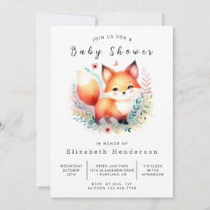 Illustrated Woodland Fox Baby Shower Invitation