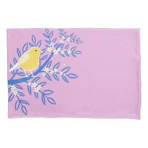 Illustrated Yellow Bird on a Pink Background Pillowcase