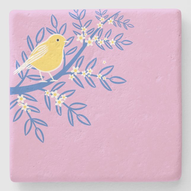 Illustrated Yellow Bird on a Pink Background Stone Coaster (Front)