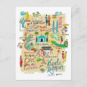 Illustrated Yellow Travel Map Kuala Lumpur Postcard