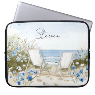 illustration beach scene pastell colours with name laptop sleeve
