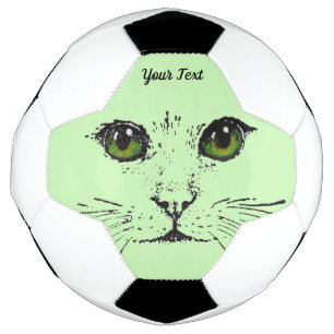 Illustration Black Cat Face Greenish Yellow Eyes Soccer Ball