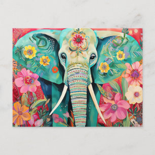 Illustration bunter Elefant mit Blumen Postcard