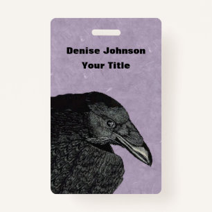 Illustration Head Wing of Black Crow on Purple ID Badge