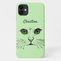 Illustration in Black of Cat Face Whiskers Green