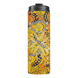 Illustration in yellow, orange and brown colours. thermal tumbler