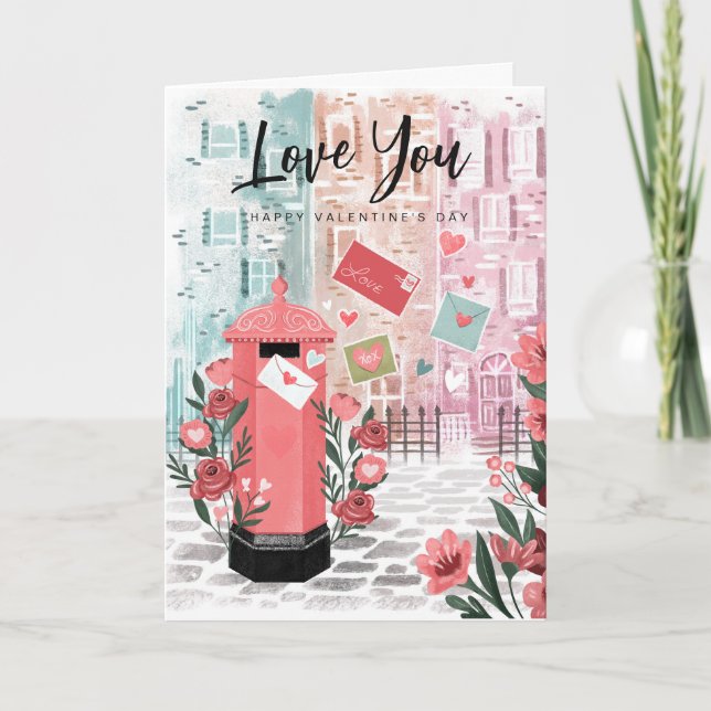 Illustration London City Street Mailbox Valentine Holiday Card (Front)