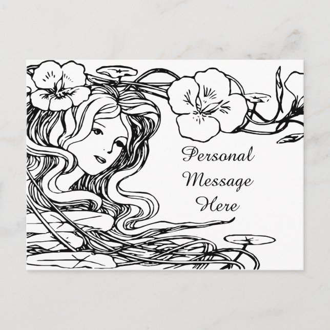 Illustration Lovely Lady Flowing Hair & Flowers Postcard (Front)