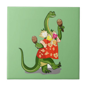 Illustration Of A Brontosaurus Playing Maracas. Tile