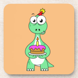 Illustration Of A Brontosaurus With Birthday Cake. Coaster