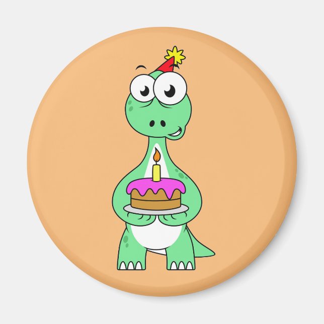 Illustration Of A Brontosaurus With Birthday Cake. Magnet (Front)