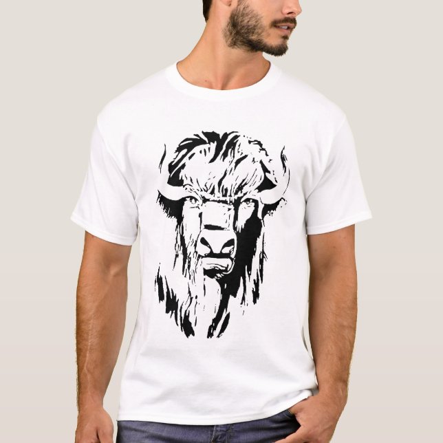 Illustration of a buffalo head in black and white T-Shirt (Front)