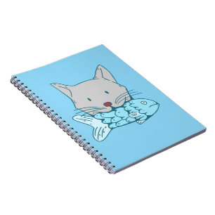 Illustration of a cat eating fish. notebook