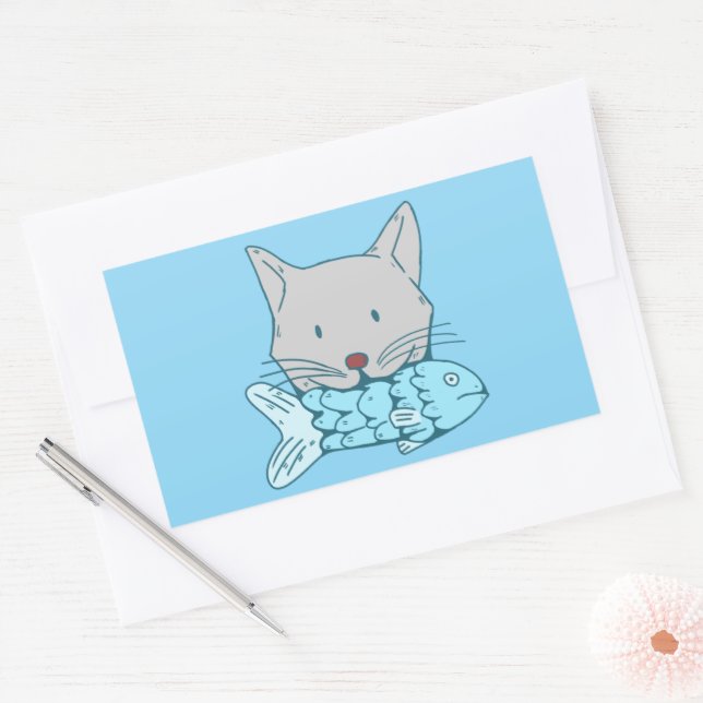 Illustration of a cat eating fish.  rectangular sticker (Envelope)