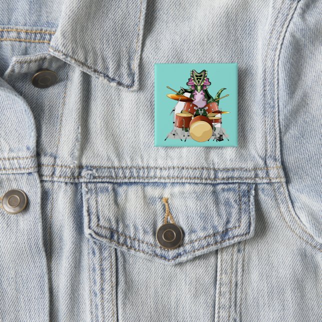 Illustration Of A Chasmosaurus Playing The Drums. 15 Cm Square Badge (In Situ)