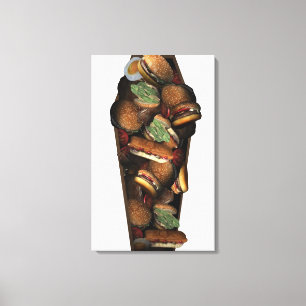 Illustration of a coffin filled with fast food canvas print