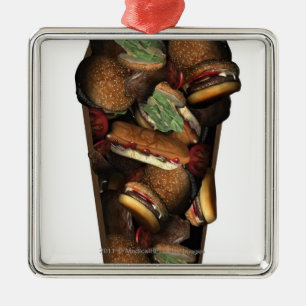 Illustration of a coffin filled with fast food metal tree decoration