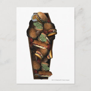 Illustration of a coffin filled with fast food postcard