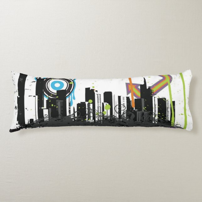 Illustration of a grungy cityscape body cushion (Front)