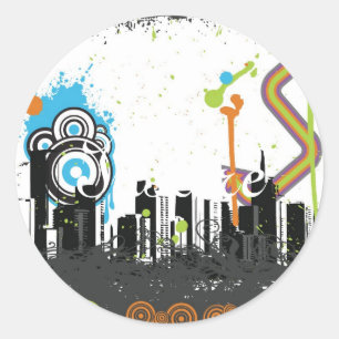 Illustration of a grungy cityscape classic round sticker