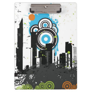 Illustration of a grungy cityscape clipboard