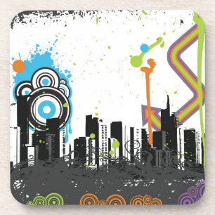 Illustration of a grungy cityscape coaster