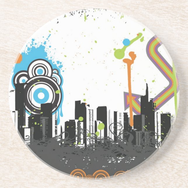 Illustration of a grungy cityscape coaster (Front)