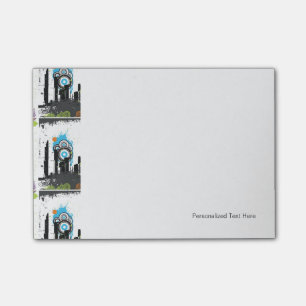 Illustration of a grungy cityscape post-it notes