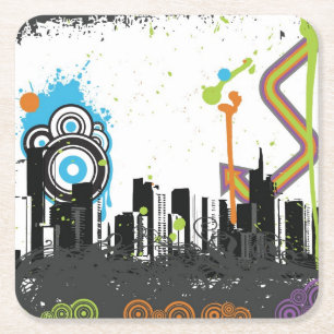 Illustration of a grungy cityscape square paper coaster