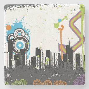 Illustration of a grungy cityscape stone coaster