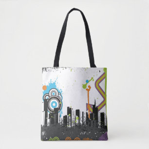 Illustration of a grungy cityscape tote bag