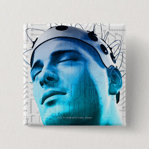 Illustration of a man wearing a cap of electrodes 15 cm square badge
