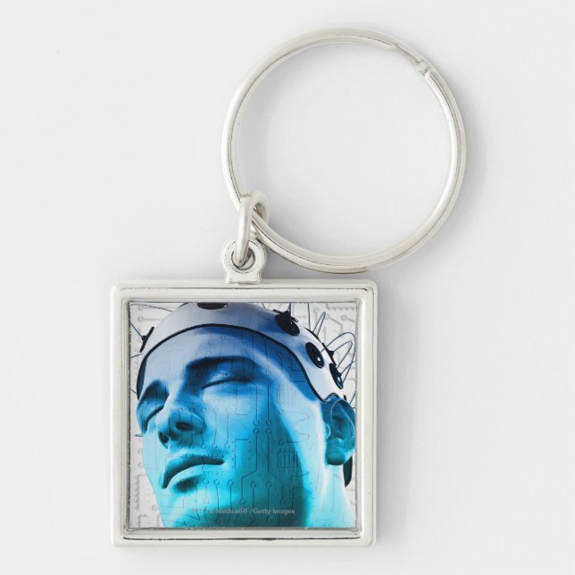 Illustration of a man wearing a cap of electrodes key ring (Front)