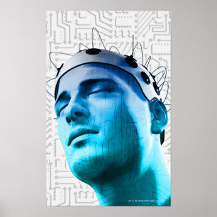 Illustration of a man wearing a cap of electrodes poster