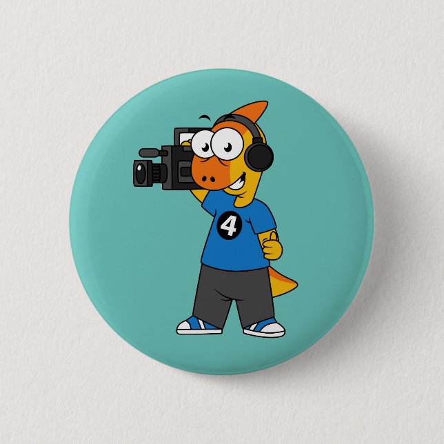 Illustration Of A Parasaurolophus Camera Operator. 6 Cm Round Badge (Front)
